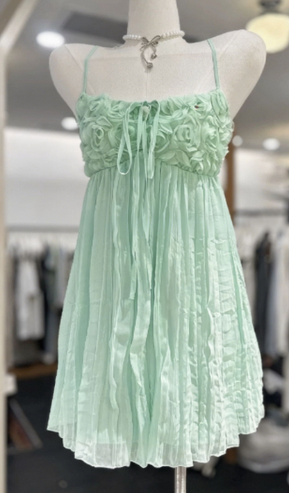 New Homecoming Dress Spaghetti Strap Flower Pleated Back to School Outfts Party Dress D6778