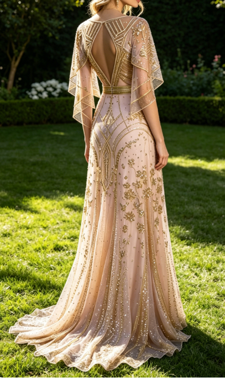 Champagner-Gold A-Linie Perlenbesatz Elegantes Langes Formales Ballkleid Abendkleid, D829