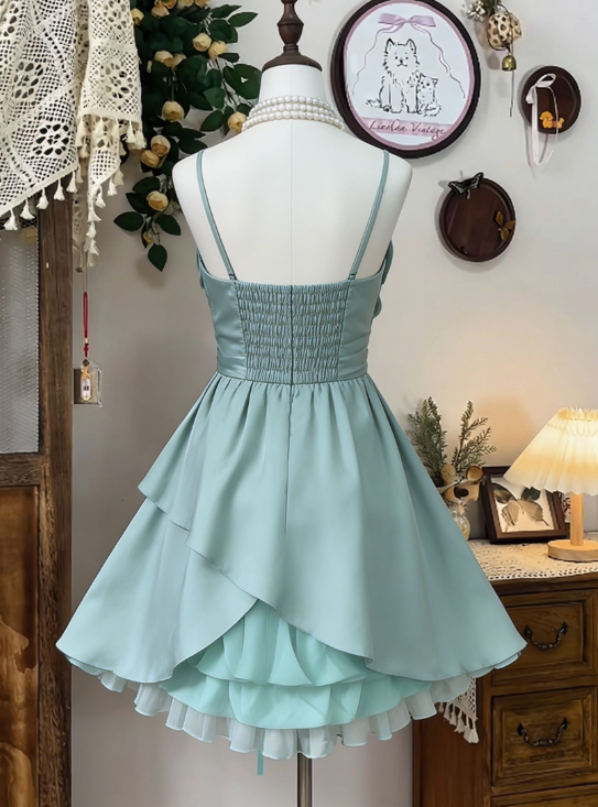 Chic Homecoming Dress Spaghetti Strap Bowknot Pleated Back to School Outfits Party Dress  D6624