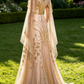 Champagner-Gold A-Linie Perlenbesatz Elegantes Langes Formales Ballkleid Abendkleid, D829
