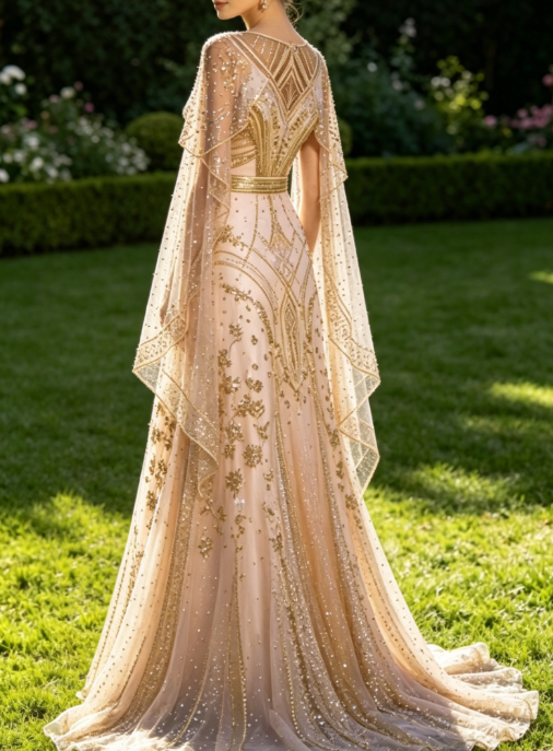 Champagner-Gold A-Linie Perlenbesatz Elegantes Langes Formales Ballkleid Abendkleid, D829
