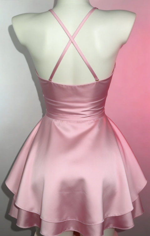 New Homecoming Dress Pink Spaghetti Strap Pleated Back to School Outfits Party Dress D6664
