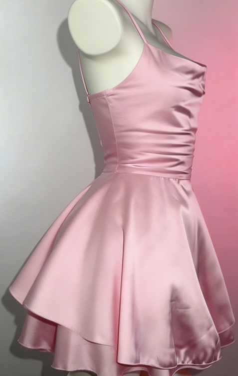 New Homecoming Dress Pink Spaghetti Strap Pleated Back to School Outfits Party Dress D6664