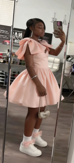 New Homecoming Dress V Neck Bowknot Pleated Backless Back to School Outfits Party Dress D6668