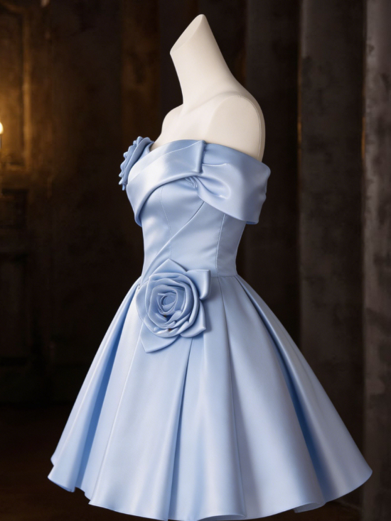 New Homecoming Dress Bardot Flower Pleated Back to School Outfits Party Dress D6673