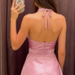 New Homecoming Dress Pink Halter Pleated Back to School Outfits Party Dress D6675