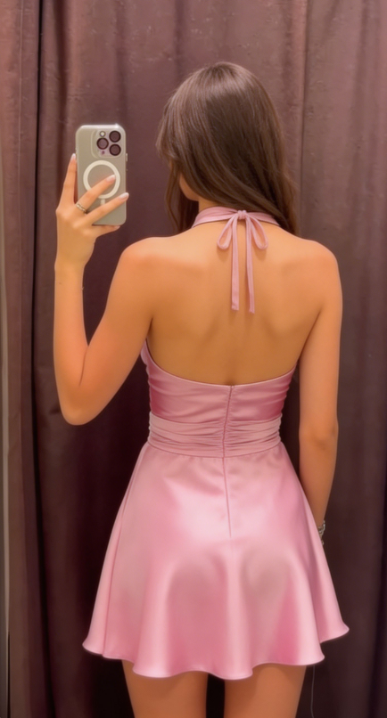 New Homecoming Dress Pink Halter Pleated Back to School Outfits Party Dress D6675