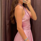 New Homecoming Dress Pink Halter Pleated Back to School Outfits Party Dress D6675