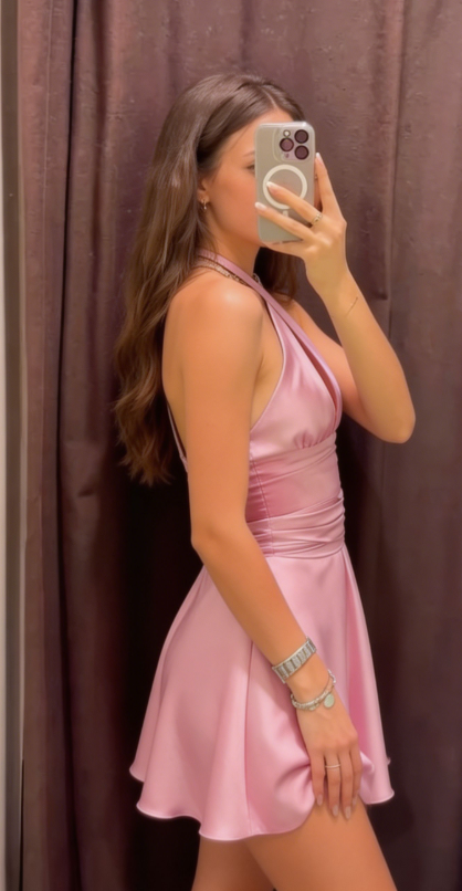 New Homecoming Dress Pink Halter Pleated Back to School Outfits Party Dress D6675