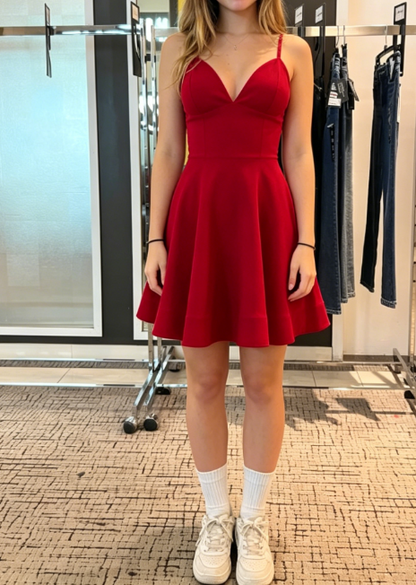 New Homecoming Dress V Neck Red Back to School Outfits Party Dress D6681