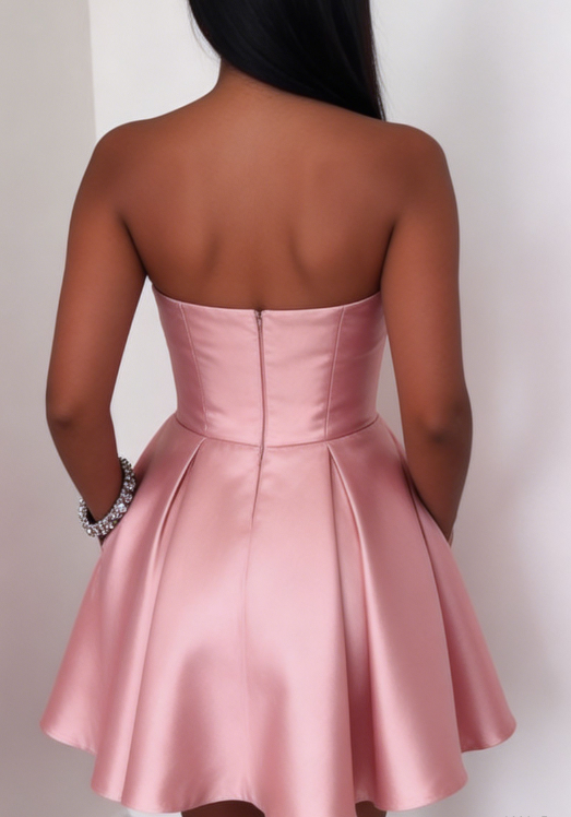New Homecoming Dress Strapless Rinestone Pleated Back to School Outfits Party Dress D6684