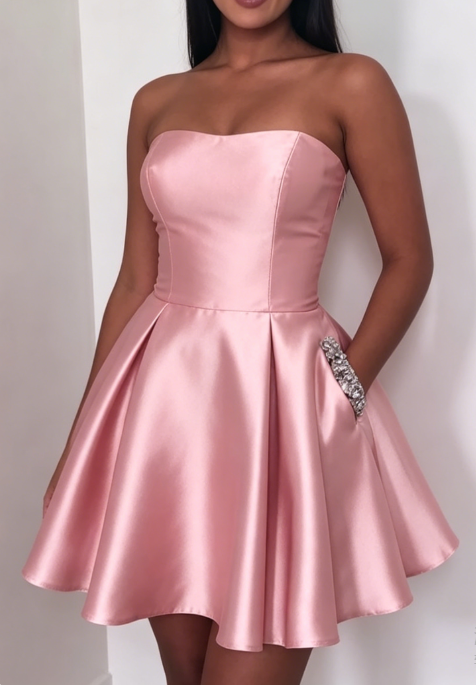 New Homecoming Dress Strapless Rinestone Pleated Back to School Outfits Party Dress D6684
