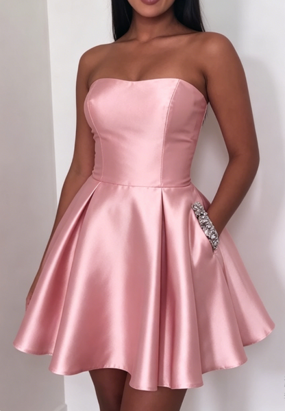 New Homecoming Dress Strapless Rinestone Pleated Back to School Outfits Party Dress D6684