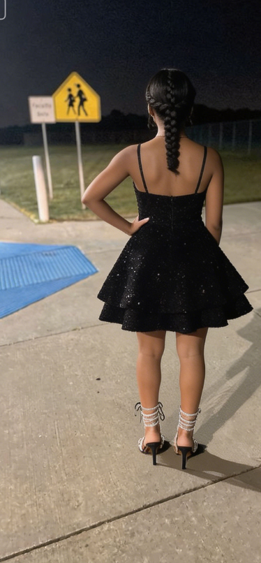 New Homecoming Dress V Neck Black Sequins Back to School Outfits Party Dress D6688
