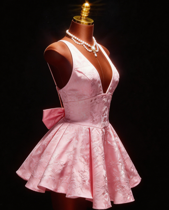 New Homecoming Dress V Neck Bowknot Pink Back to School Outfits Party Dress D6690