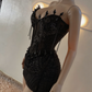 Stunning Homecoming Dress Black V Neck Hi-Lo Beading Back to School Outfits Party Dress D6692