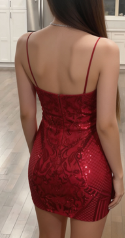 Stunning Homecoming Dress Red V Neck Sequins Back to School Outfits Party Dress D6701