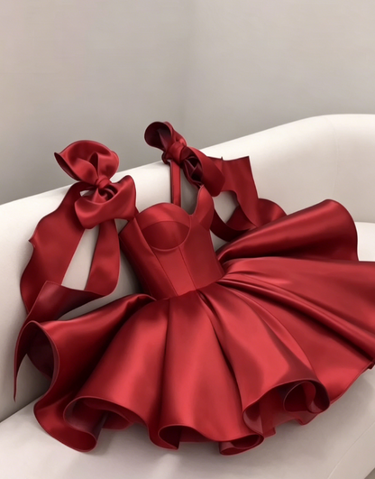 Stunning Homecoming Dress Red Sweetheart Bowknot Pleated Back to School Outfits Party Dress D6702