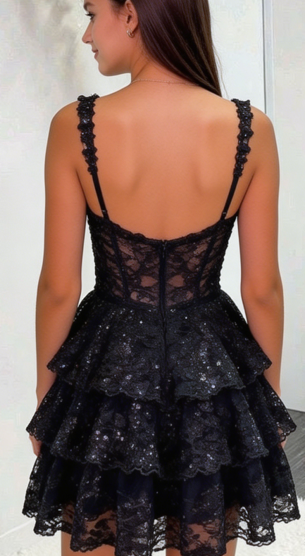 Charming Homecoming Dress Black Sheer Strap Lace Sequins Back to School Outfits Party Dress D6708