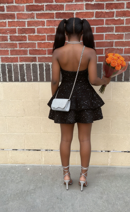 Charming Homecoming  V Neck Black Sequins Back to School Outfits Party Dress D6714