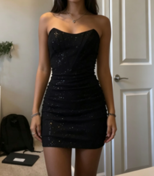 Charming Homecoming Strapless Balck Sequins Hugging Back to School Outfits Party Dress D6717