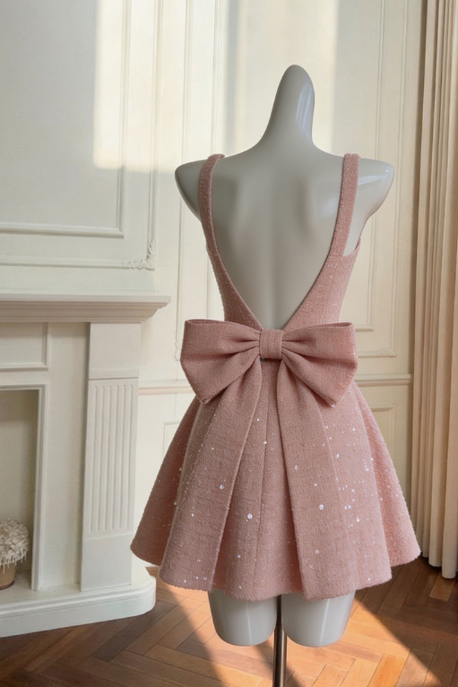 Elegant  Homecoming Square Sequins Backless Bowknot Back to School Outfits Party Dress D6720