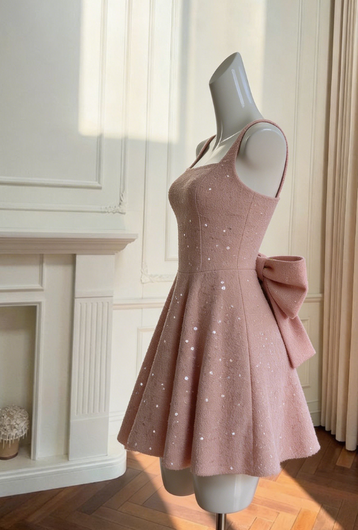 Elegant  Homecoming Square Sequins Backless Bowknot Back to School Outfits Party Dress D6720
