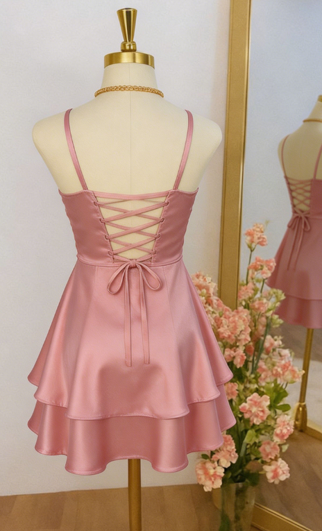 Chic Homecoming Spaghetti Strap Pink Back to School Outfits Party Dress D6725