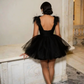 Chic Homecoming V Neck Black Tulle Feather Back to School Outfits Party Dress D6727