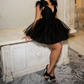 Chic Homecoming V Neck Black Tulle Feather Back to School Outfits Party Dress D6727