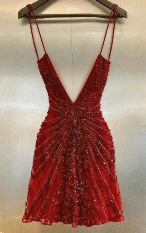 Chic Homecoming V Neck Red Sequins Tulle Back to School Outfits Party Dress D6728