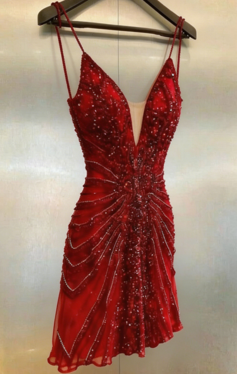 Chic Homecoming V Neck Red Sequins Tulle Back to School Outfits Party Dress D6728