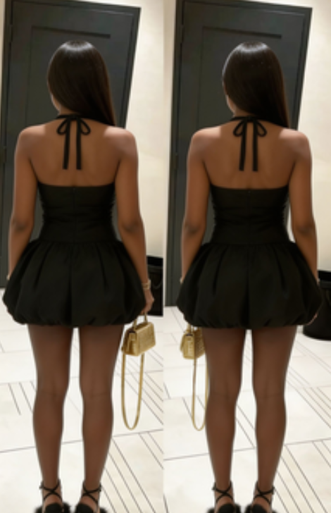 Chic Homecoming Dress Halter Black Pleated Back to School Outfits Party Dress D6732