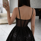 Chic Homecoming Dress Spaghetti Strap Black Sequins Pleated Back to School Outfits Party Dress D6734