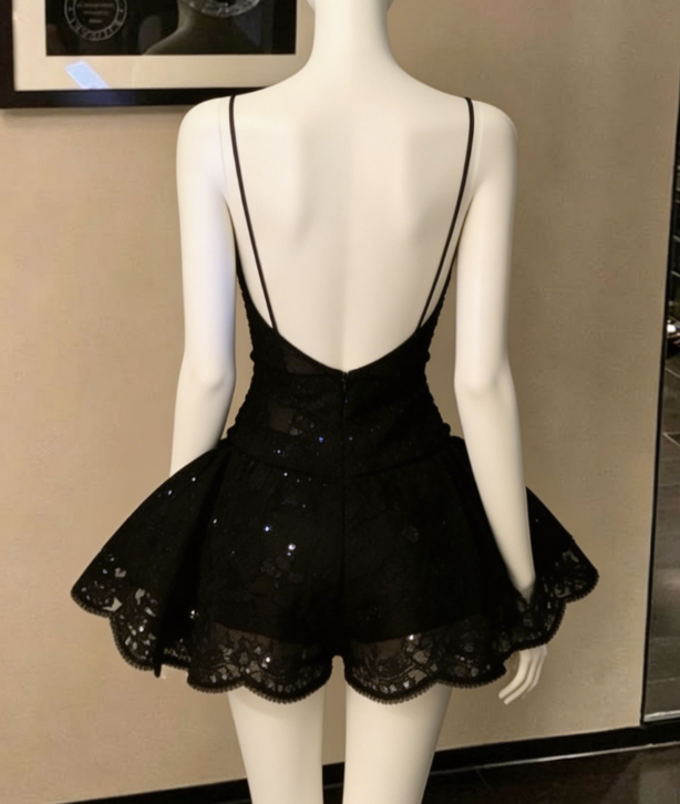 Chic Homecoming Dress V Neck Black Sequins Back to School Outfits Party Dress D6735