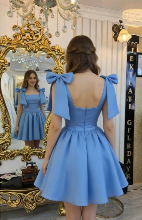 Chic Homecoming Dress Square Bowknot Pleated Back to School Outfits Party Dress D6742