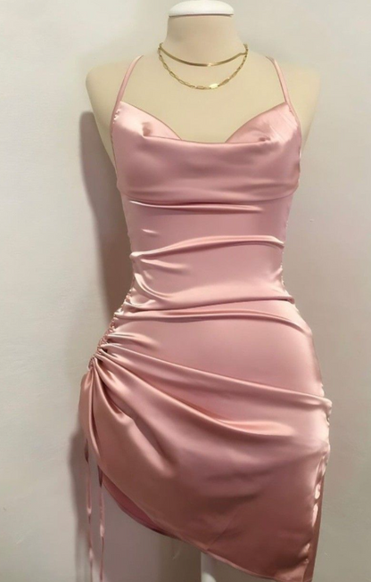 Chic Homecoming Dress Spaghetti Strap Pleated Pink Back to School Outfits Party Dress D6750