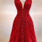 Chic Homecoming V Neck Red Sequins Tulle Back to School Outfits Party Dress D6728