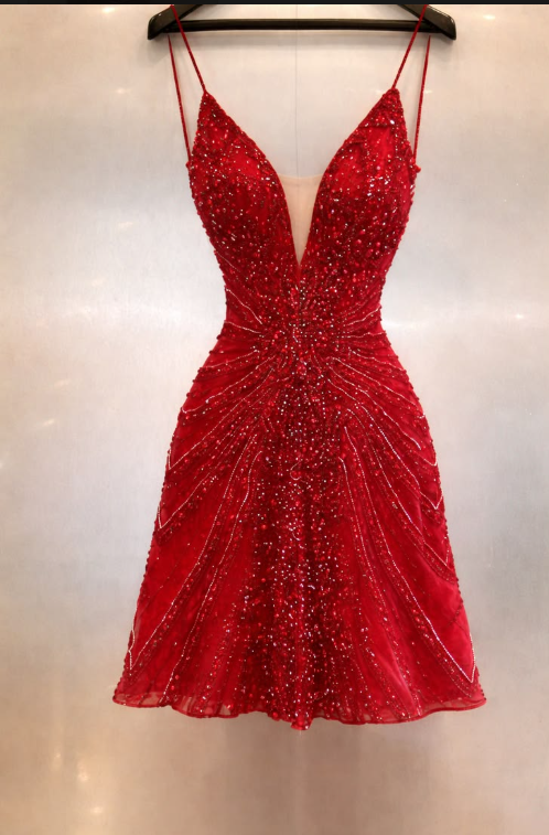 Chic Homecoming V Neck Red Sequins Tulle Back to School Outfits Party Dress D6728