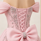 Chic Homecoming Dress Off the Shoulder Pleated Rinestone Hi-Lo Bowknot Back to School Outfts Party Dress D6757