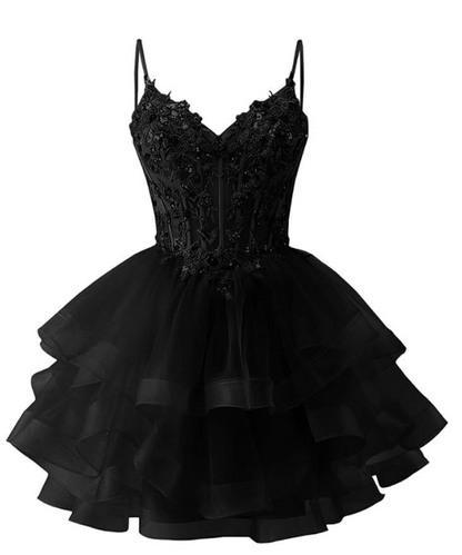 Chic Homecoming Dress V Neck Tulle Cascade Applique Black Back to School Outfts Party Dress D6763
