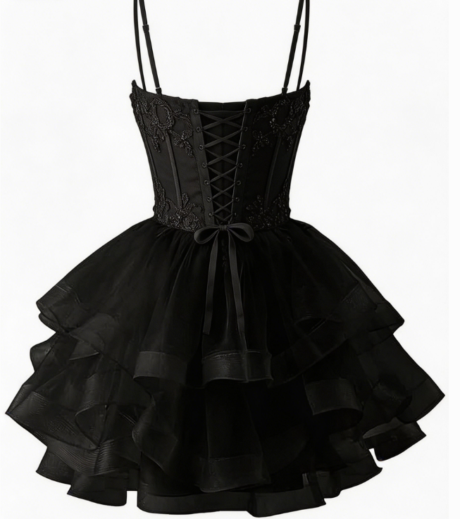 Chic Homecoming Dress V Neck Tulle Cascade Applique Black Back to School Outfts Party Dress D6763