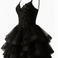 Chic Homecoming Dress V Neck Tulle Cascade Applique Black Back to School Outfts Party Dress D6763
