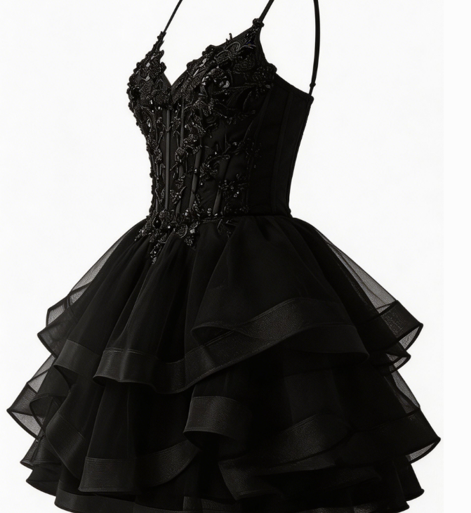 Chic Homecoming Dress V Neck Tulle Cascade Applique Black Back to School Outfts Party Dress D6763