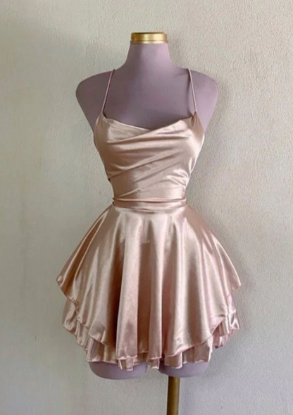 New Homecoming Dress Spaghetti Strap Pleated Back to School Outfts Party Dress D6768