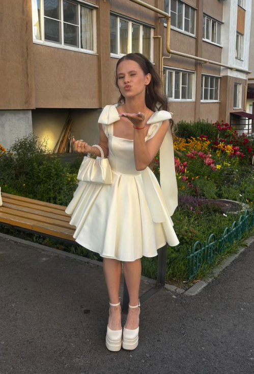 New Homecoming Dress Square Bowknot Pleated Back to School Outfts Party Dress D6770