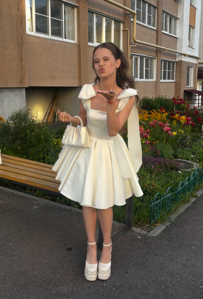 New Homecoming Dress Square Bowknot Pleated Back to School Outfts Party Dress D6770