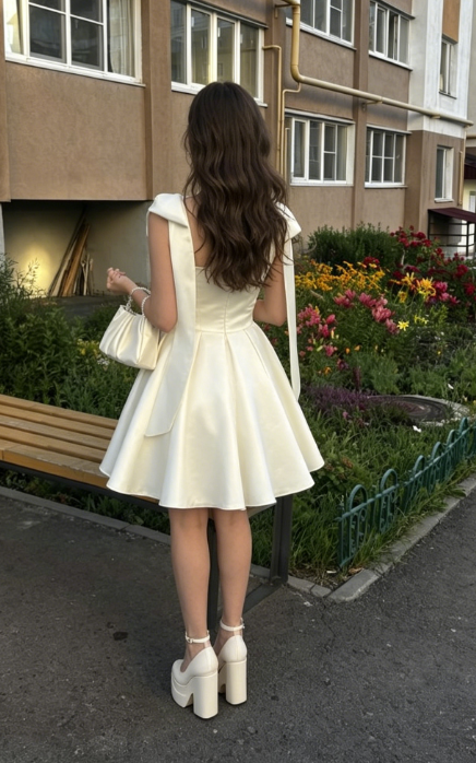 New Homecoming Dress Square Bowknot Pleated Back to School Outfts Party Dress D6770