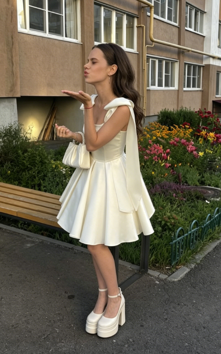 New Homecoming Dress Square Bowknot Pleated Back to School Outfts Party Dress D6770