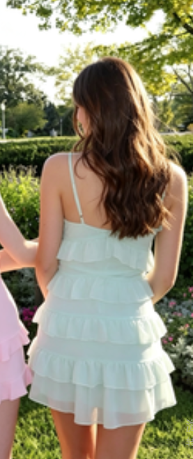 New Homecoming Dress Spaghetti Strap Flouncing Cascade Back to School Outfts Party Dress D6772